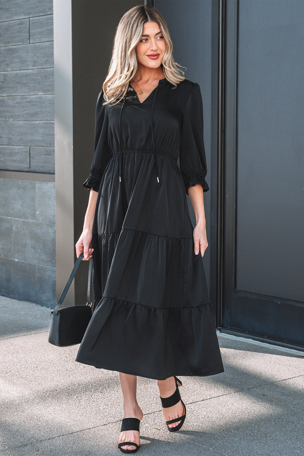 Black Ruffle Sleeve V Neck Tiered Maxi Dress