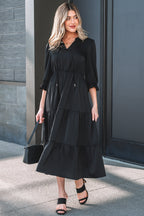 Black Ruffle Sleeve V Neck Tiered Maxi Dress