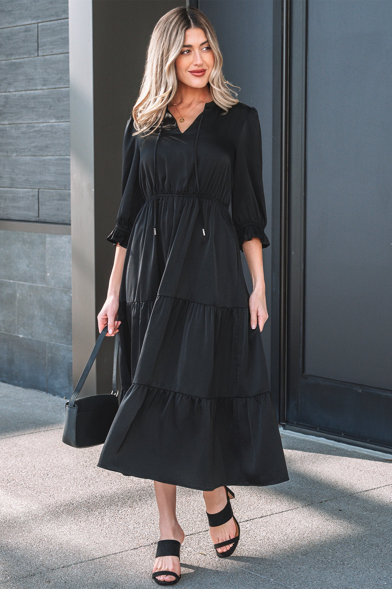 Black Ruffle Sleeve V Neck Tiered Maxi Dress