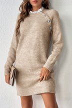 Beige Button and Lace Detail Raglan Sleeve Mini Sweater Dress