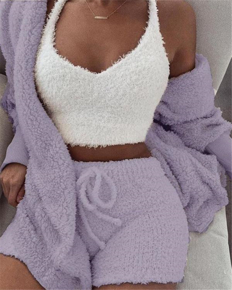 Fluffy Knit Shorts 3-Piece Pajama Set