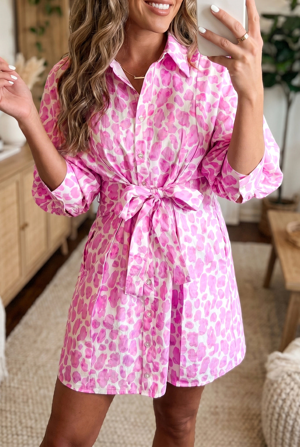 Abstract Leopard Print Tie-Waist Mini Shirt Dress