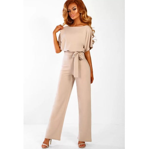 Short-Sleeve Straight-Leg Jumpsuit with Belt