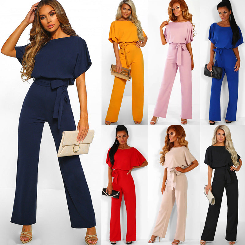 Short-Sleeve Straight-Leg Jumpsuit with Belt