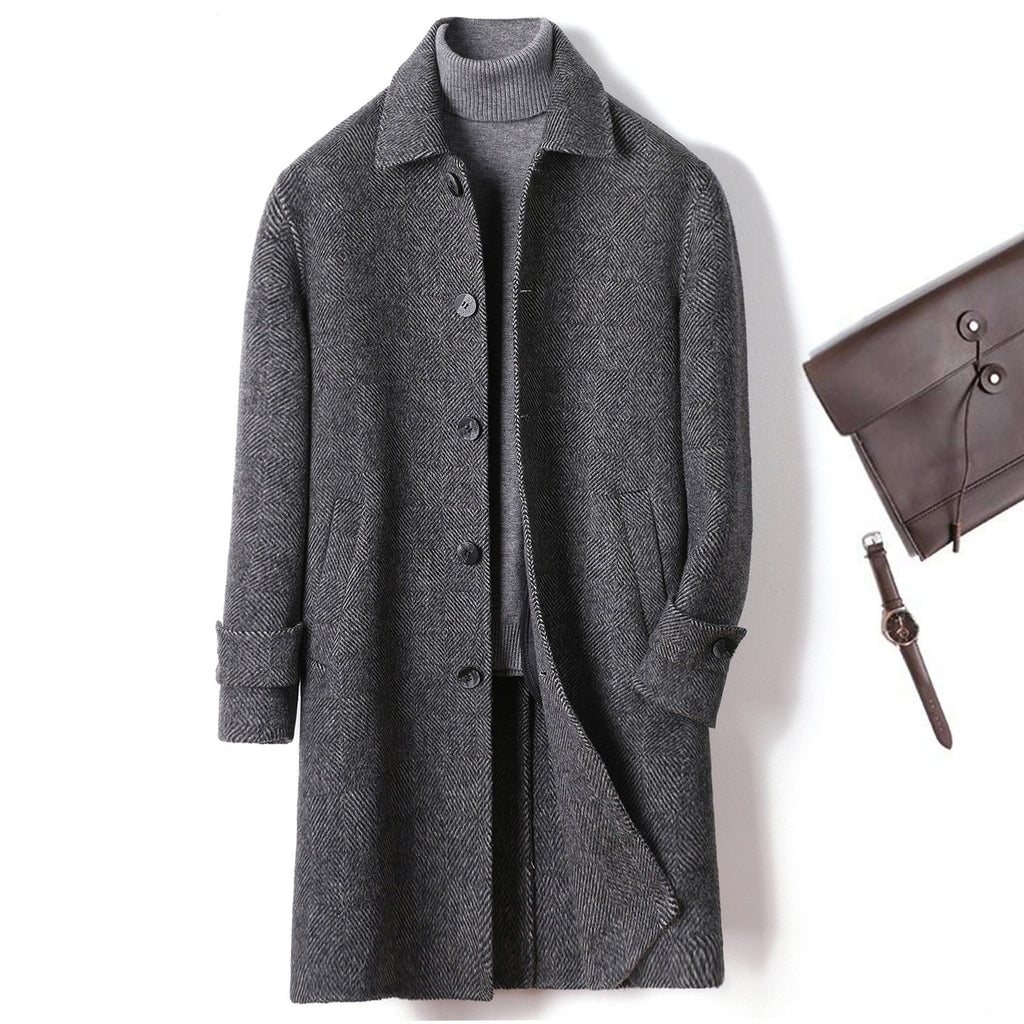 Plaid Wool Notch-Lapel Long Coat