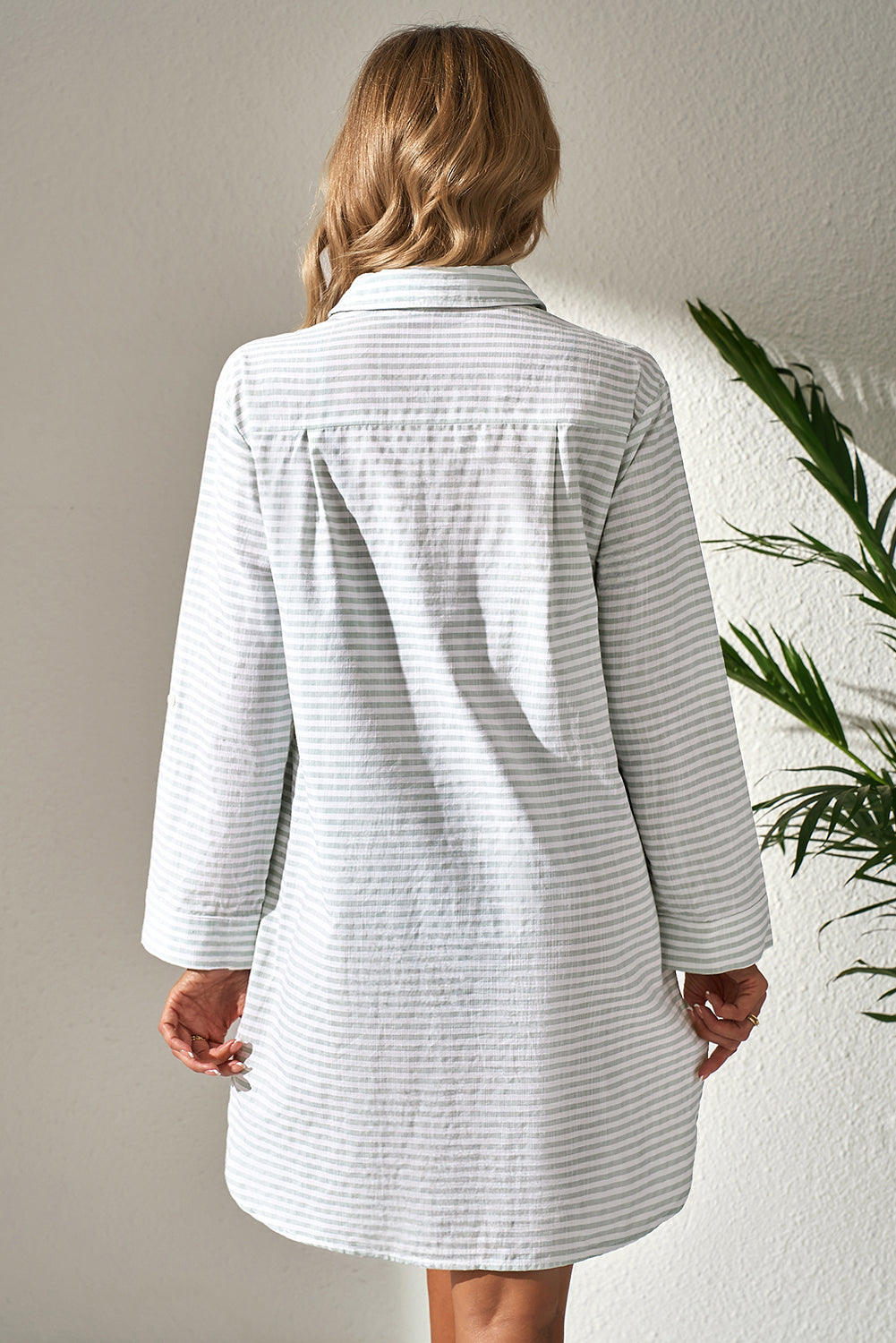 Striped Collared Long-Sleeve Beach Cover-Up