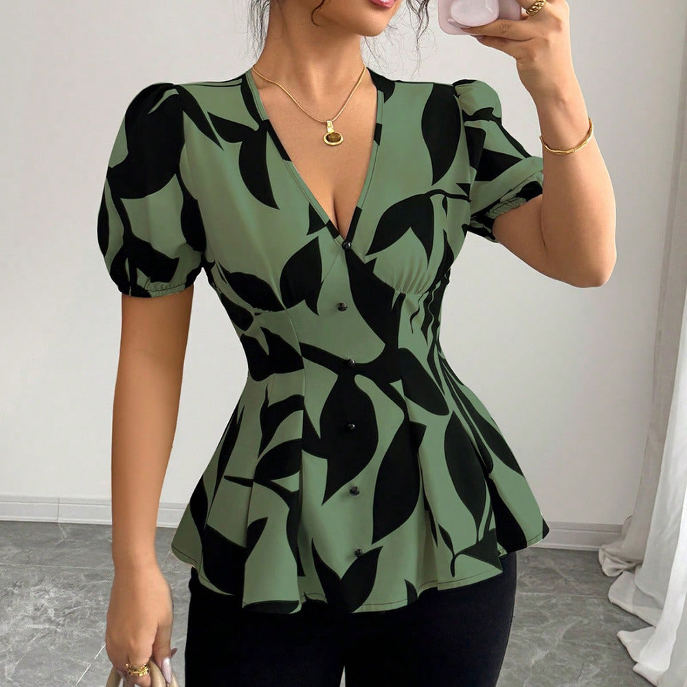 Abstract Print Puff-Sleeve Peplum Blouse