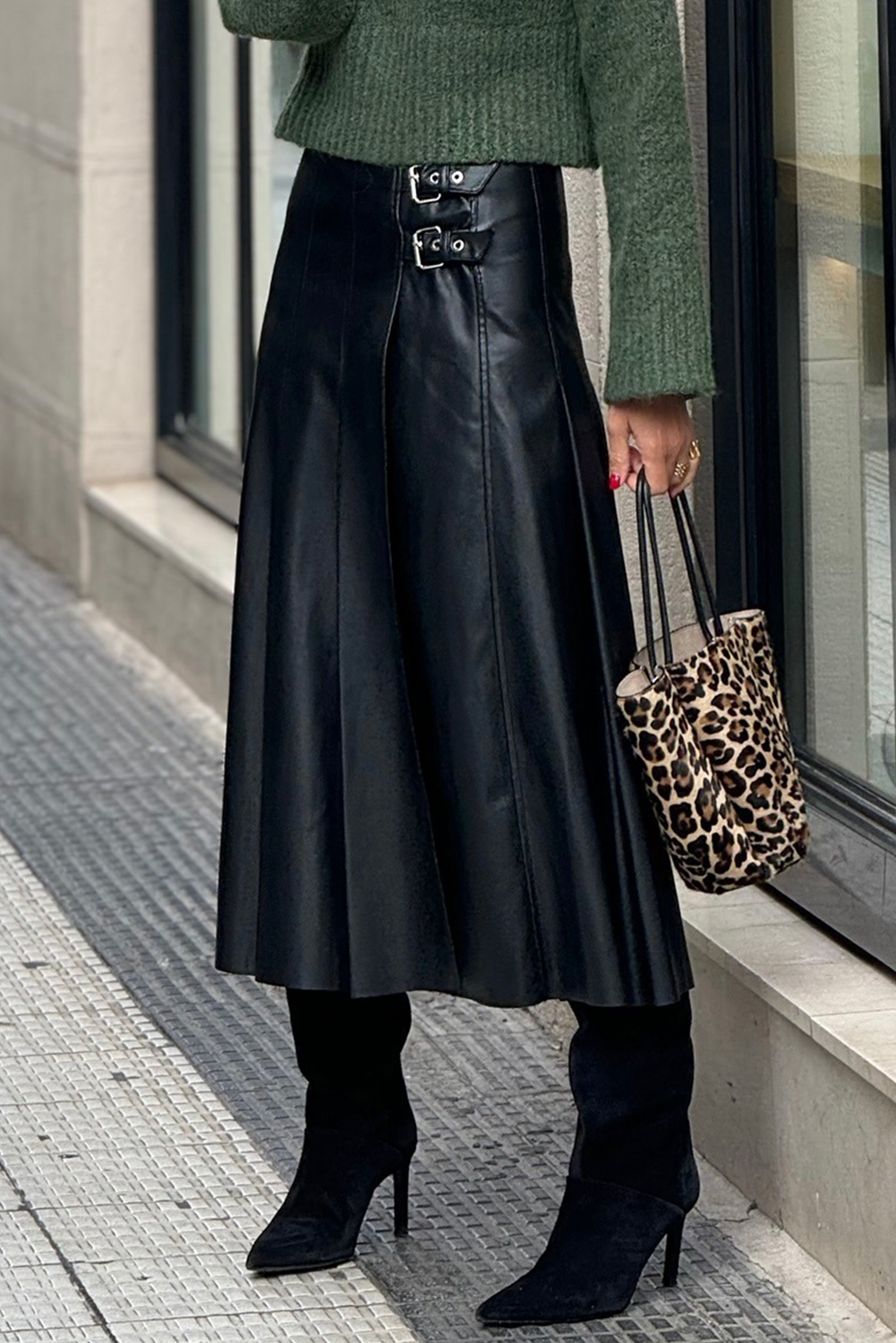 Faux Leather Buckle-Detail Pleated Midi Skirt