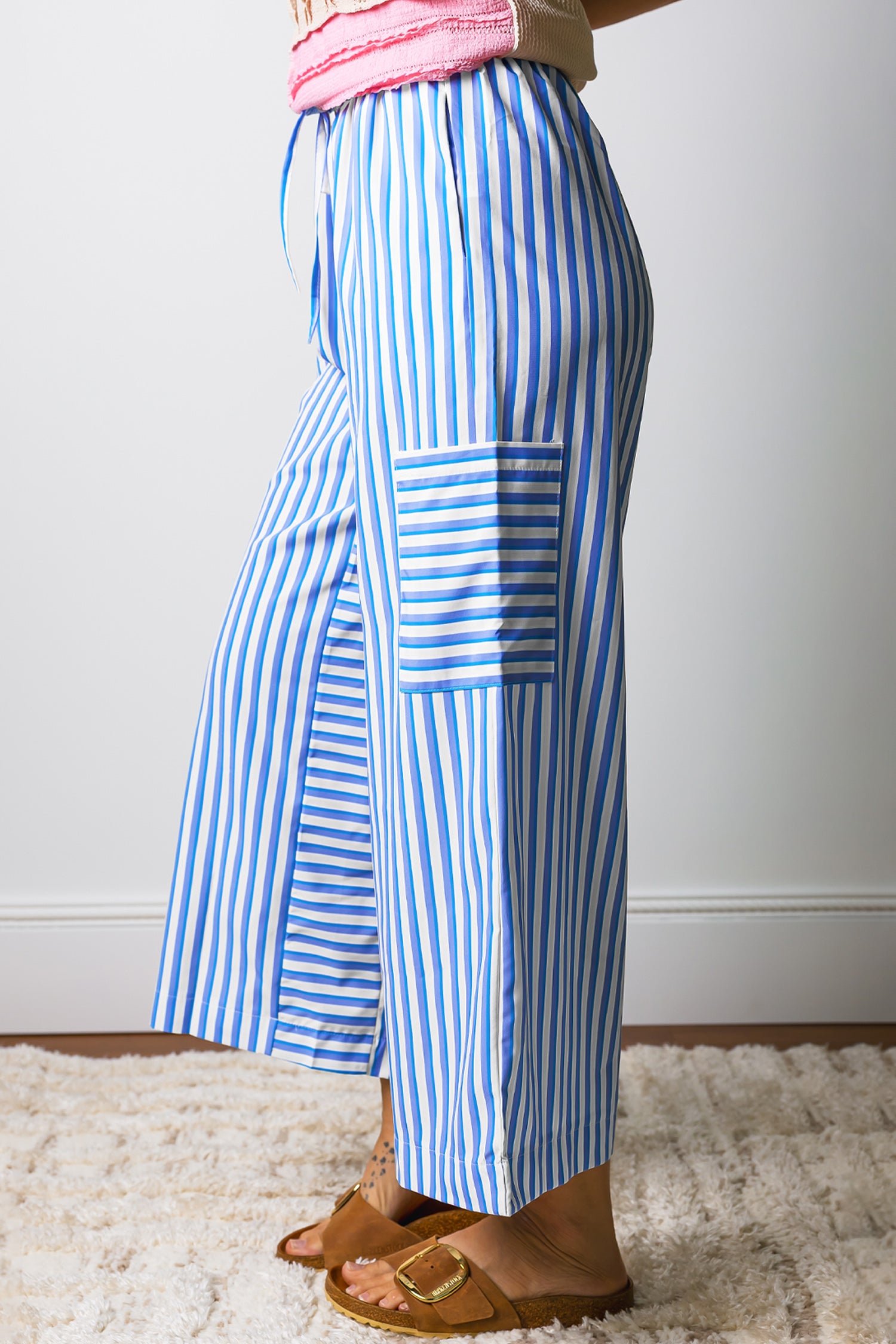 Striped Patch-Pocket Wide-Leg Ankle Pants