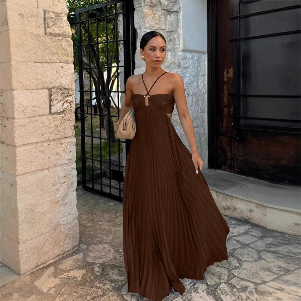 Pleated Cut-Out Halter Maxi Dress