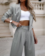 Pinstripe Cropped Blazer and Wide-Leg Pants Set