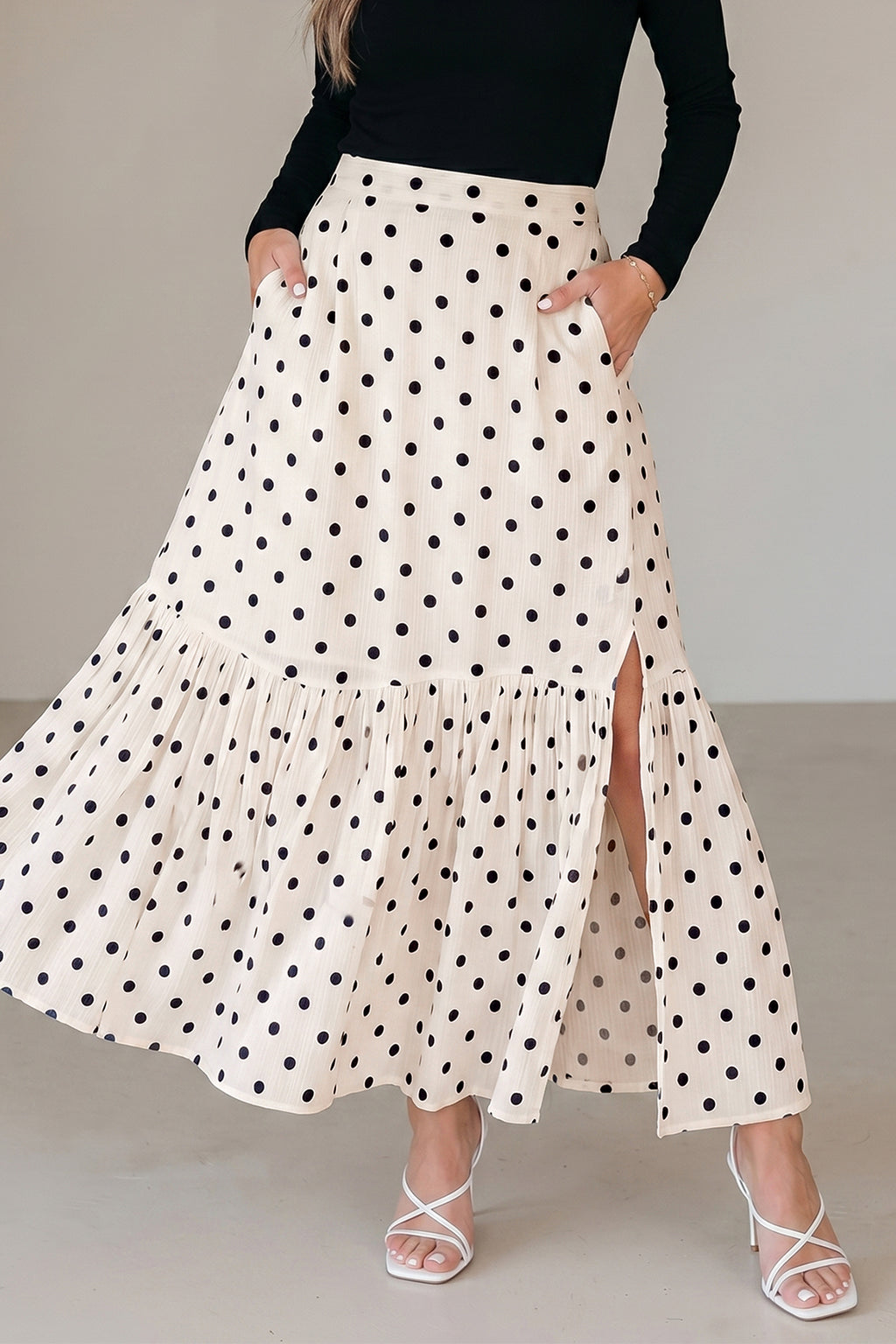 Polka Dot Split-Hem Maxi Skirt