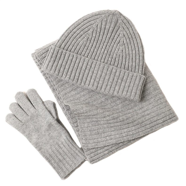 Ribbed Wool Beanie, Scarf and Gloves Set