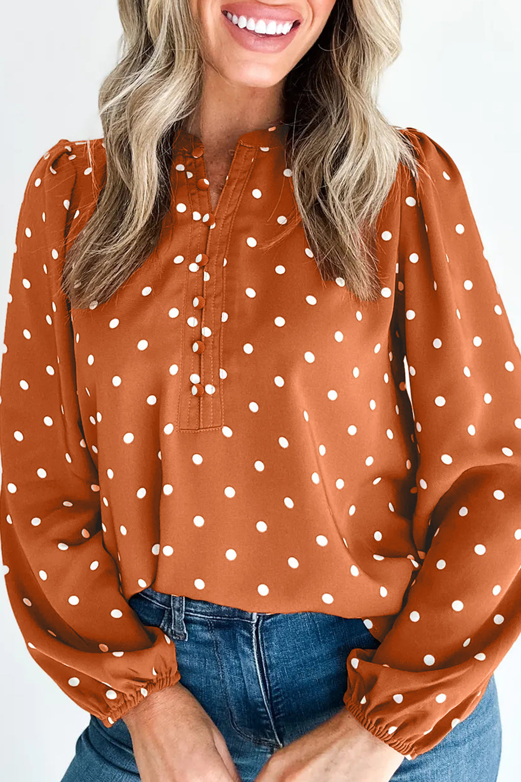 Polka Dot Half-Button V-Neck Blouse