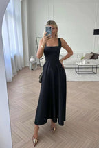Square-Neck Sleeveless Pleated A-Line Dress