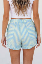 Striped Elastic-Waist Ruffle-Trim Shorts