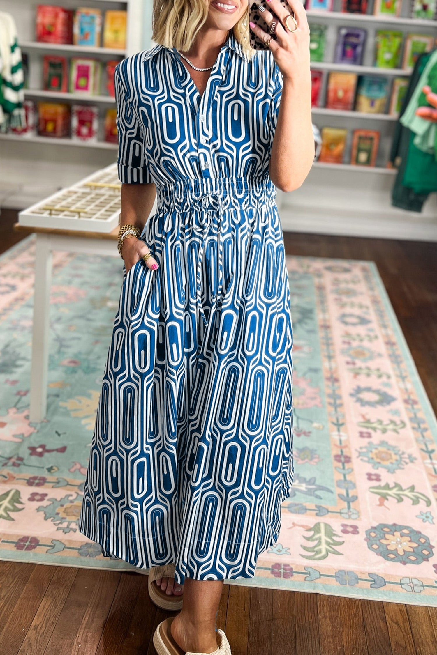 Geometric Print Drawstring Shirt Dress