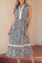 Leopard Print Colorblock Trim Sleeveless Midi Dress