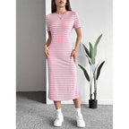 Woman wearing the Modarine striped short-sleeve midi t-shirt dress