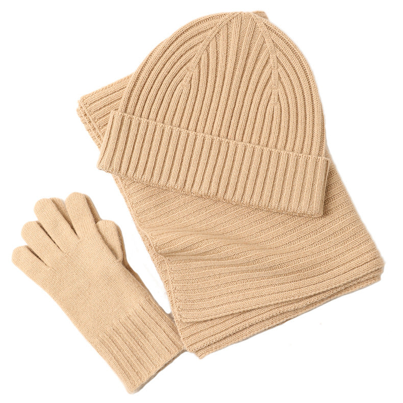 Ribbed Wool Beanie, Scarf and Gloves Set