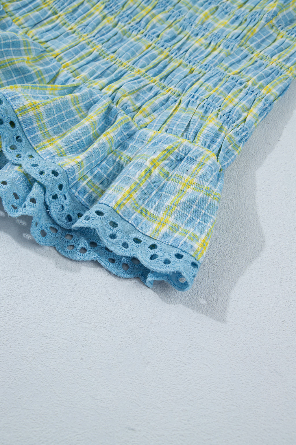Gingham Smocked Lace-Trim Tank Top