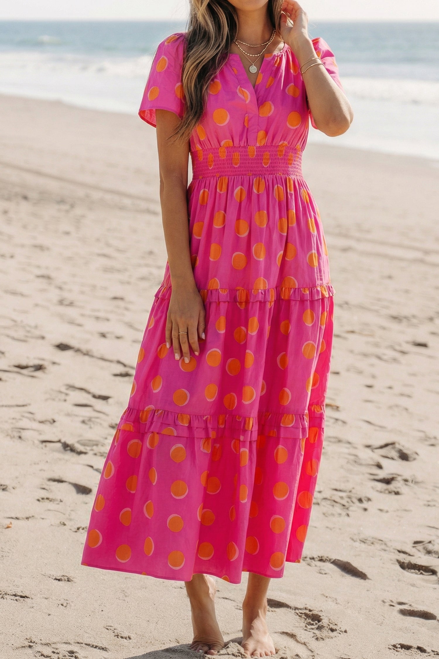 Polka Dot Shirred High-Waist Midi Dress