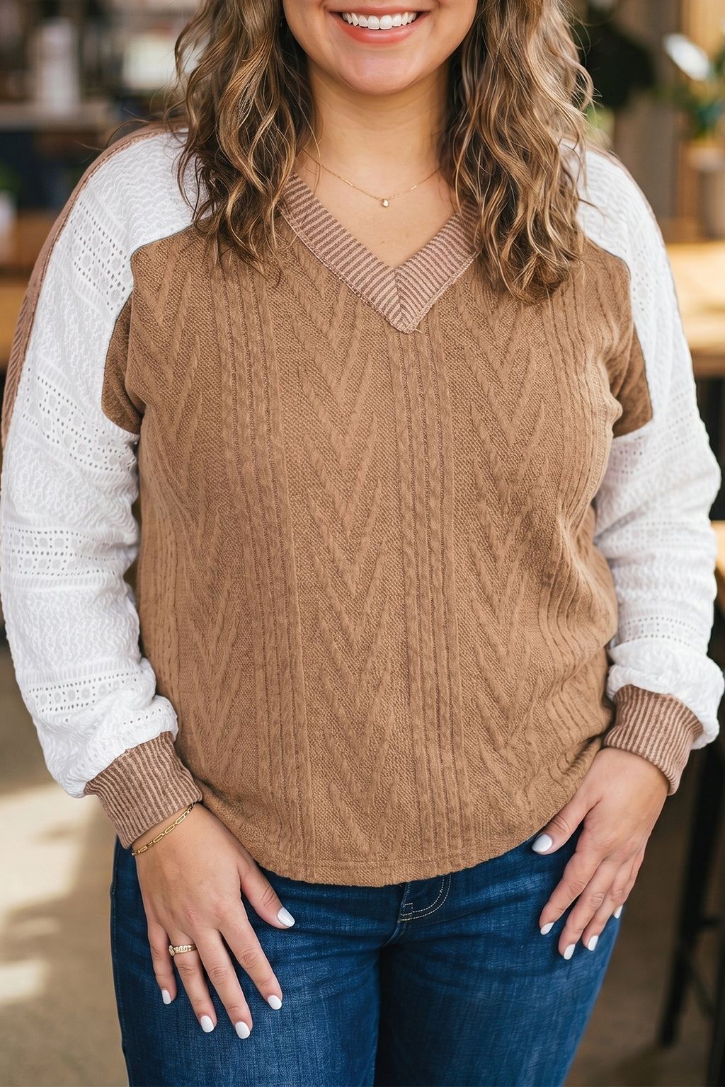 V-Neck Lace Sleeve Patchwork Blouse