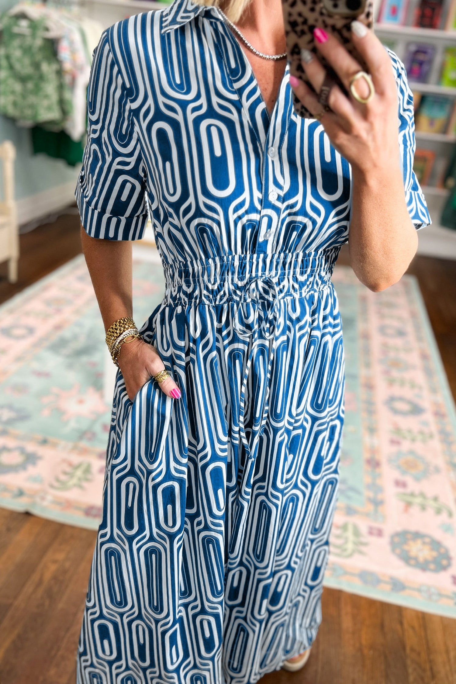 Geometric Print Drawstring Shirt Dress