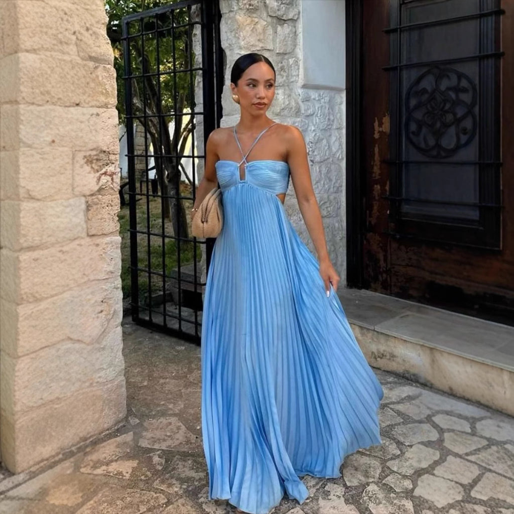 Pleated Cut-Out Halter Maxi Dress