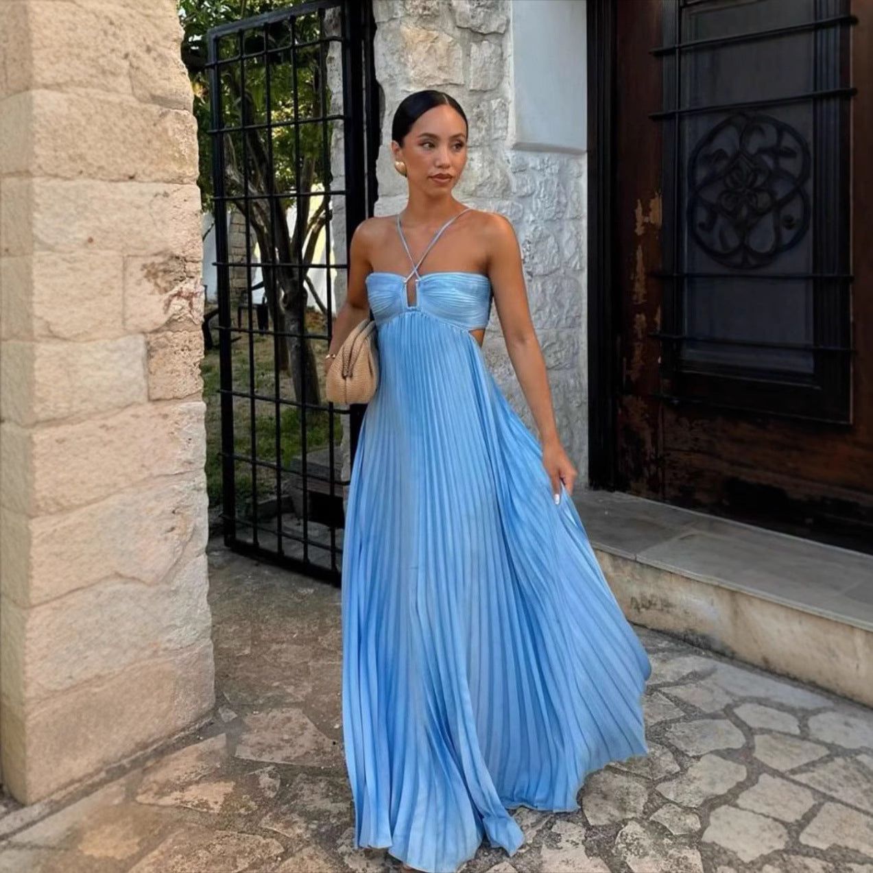 Pleated Cut-Out Halter Maxi Dress