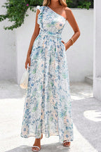 Blue Floral One Shoulder Ruffle Maxi Dress