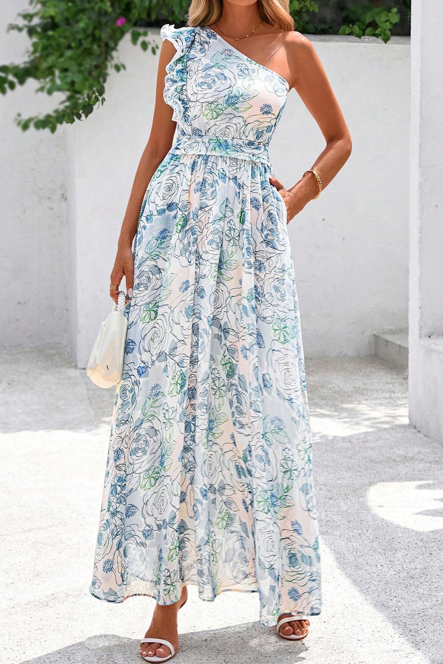 Blue Floral One Shoulder Ruffle Maxi Dress