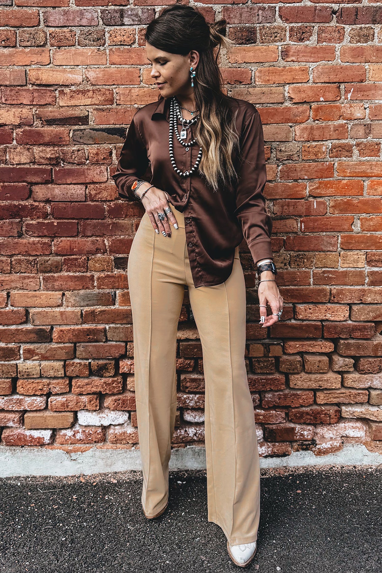 Paneled High-Waist Full-Length Pants