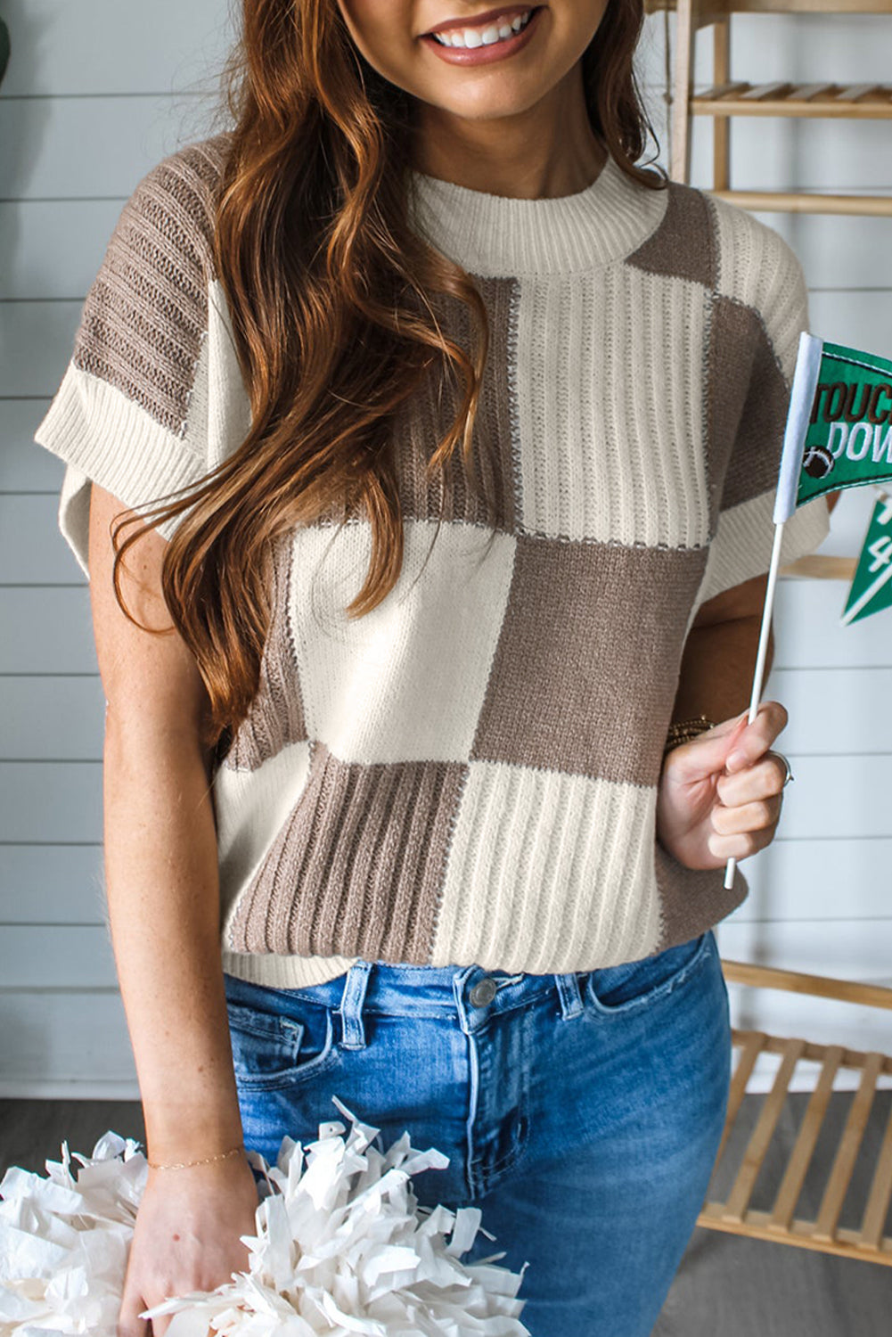 Checkered Color-Block Short Sleeve Sweater