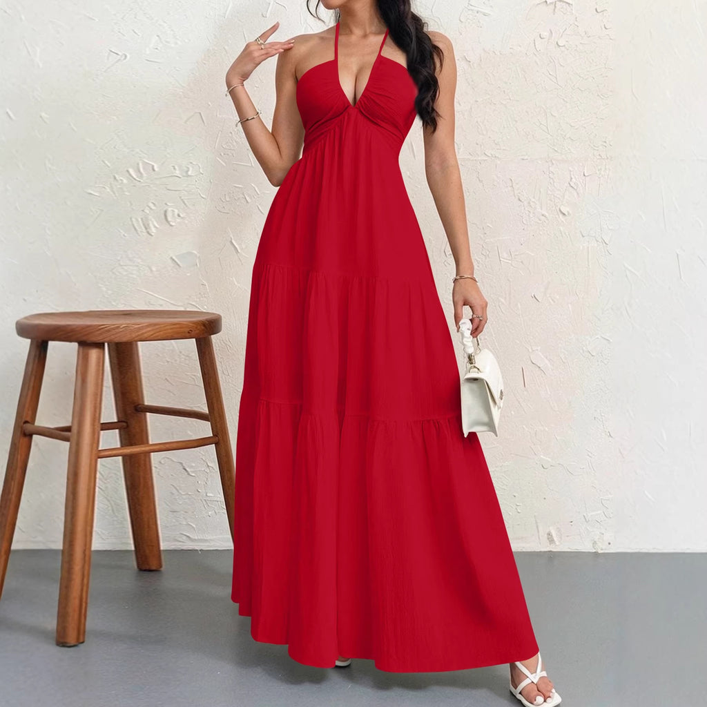 Backless Halter Tiered Maxi Dress