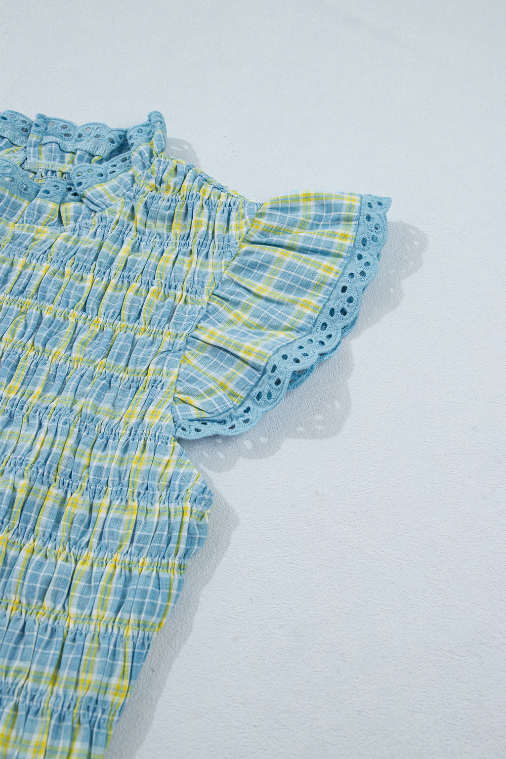 Gingham Smocked Lace-Trim Tank Top