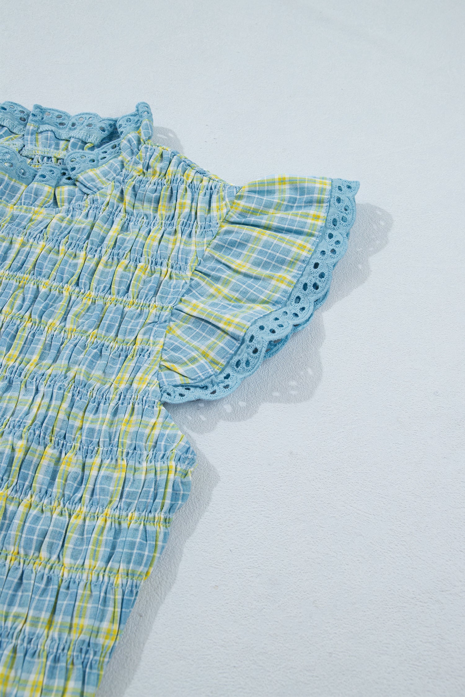 Gingham Smocked Lace-Trim Tank Top