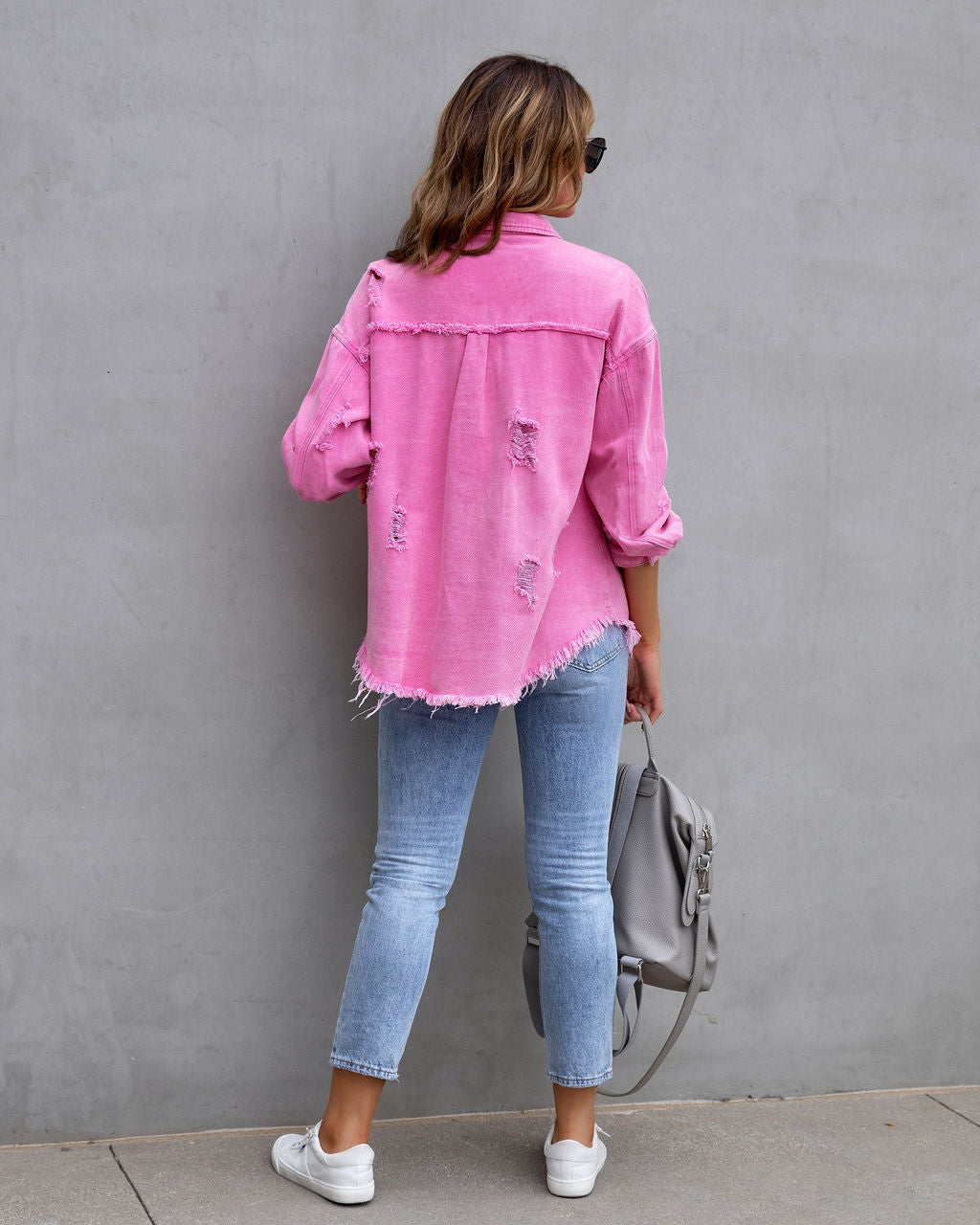 Frayed-Trim Oversized Shirt Jacket