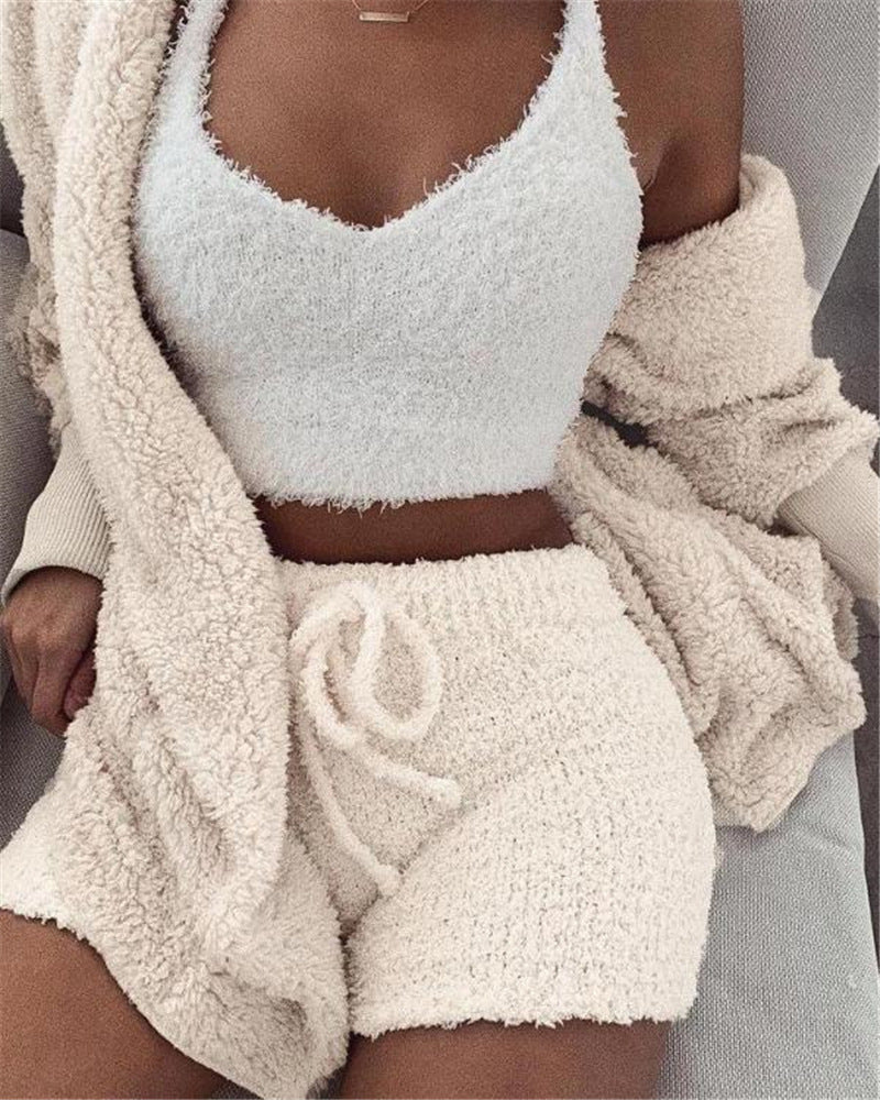 Fluffy Knit Shorts 3-Piece Pajama Set