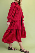 Ruffle-Trim Long-Sleeve Tiered Shift Midi Dress