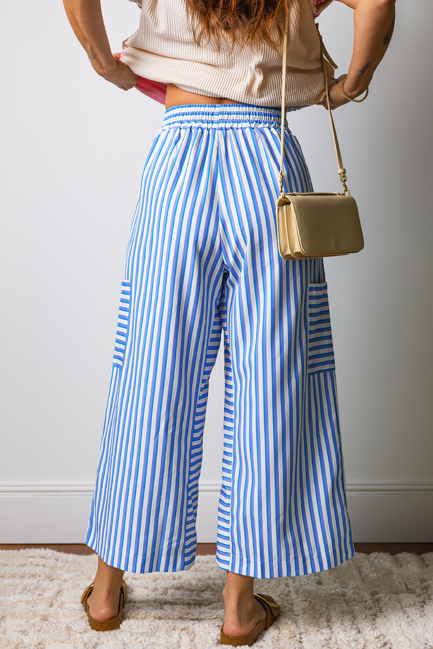 Striped Patch-Pocket Wide-Leg Ankle Pants
