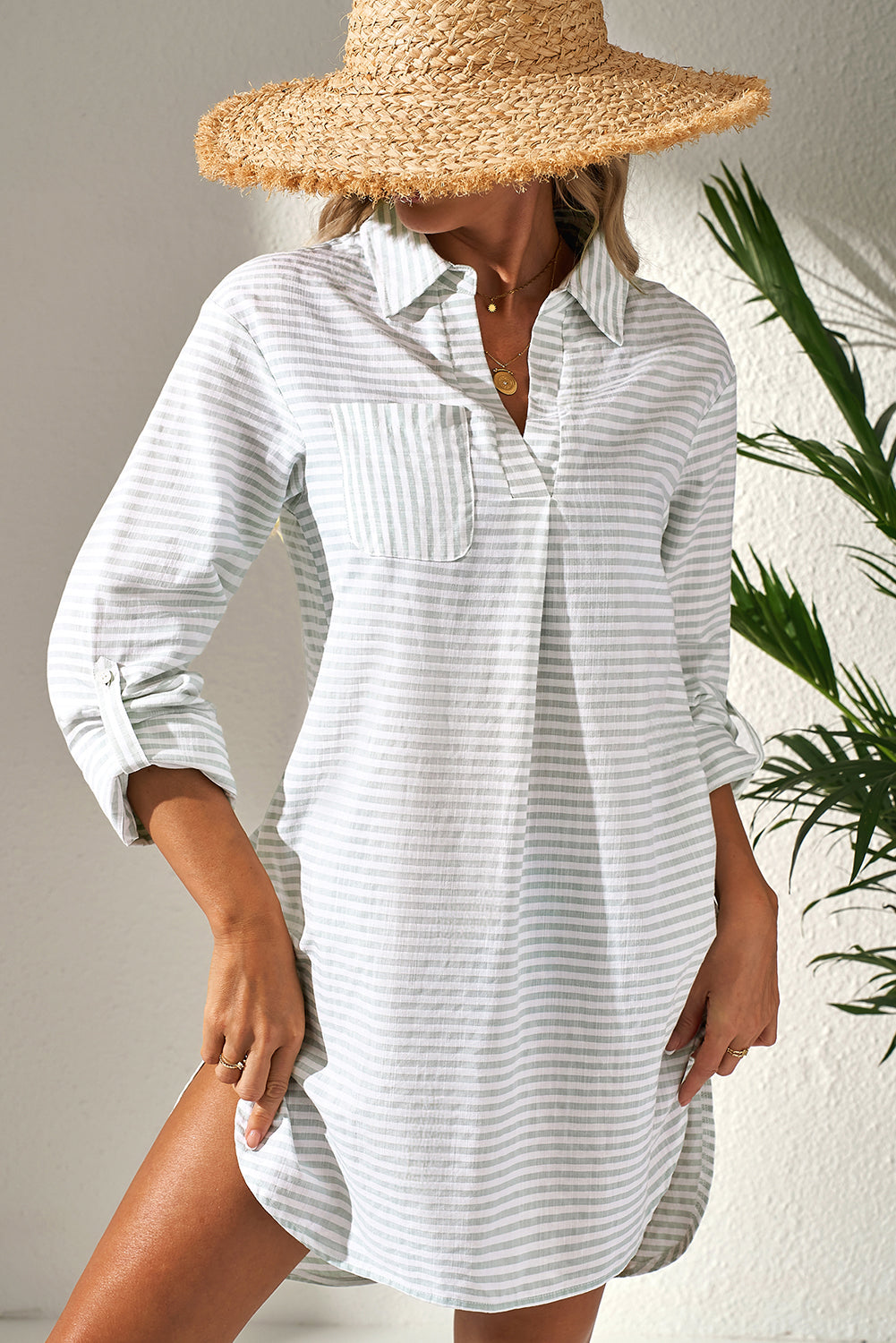 Striped Collared Long-Sleeve Beach Cover-Up