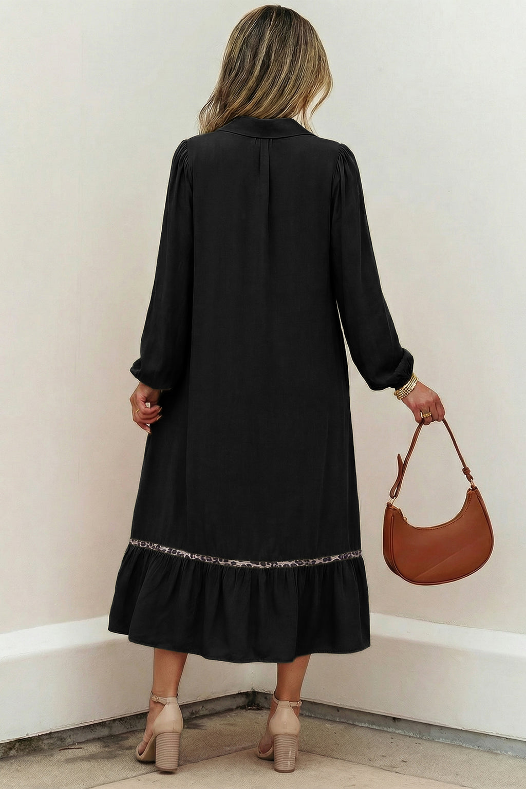 Collared V Neck Smocked Leopard Trim Long Dress