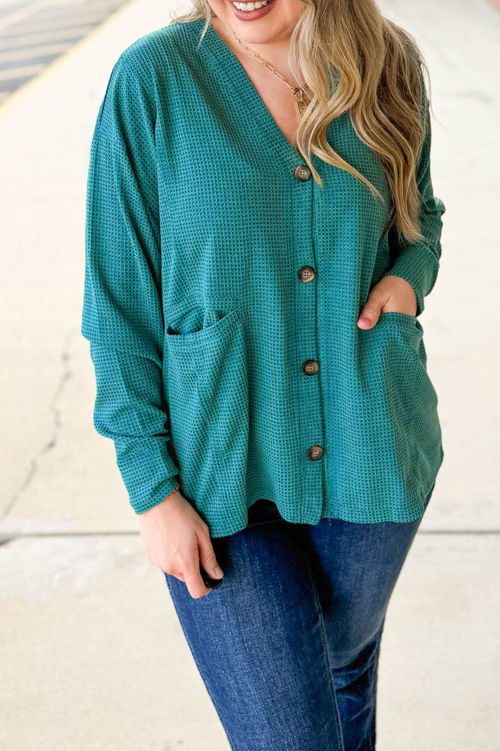 Waffle-Knit Button-Front Tunic Cardigan