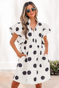 White Polka Dot Ruffle Sleeve Half Button Mini Dress