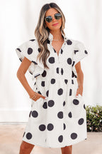 White Polka Dot Ruffle Sleeve Half Button Mini Dress