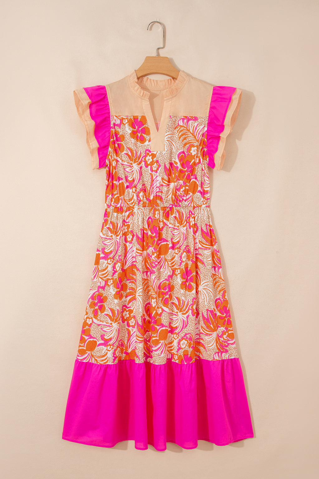 Floral Color-Block Ruffle-Sleeve Flared Midi Dress