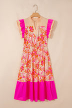 Floral Color-Block Ruffle-Sleeve Flared Midi Dress