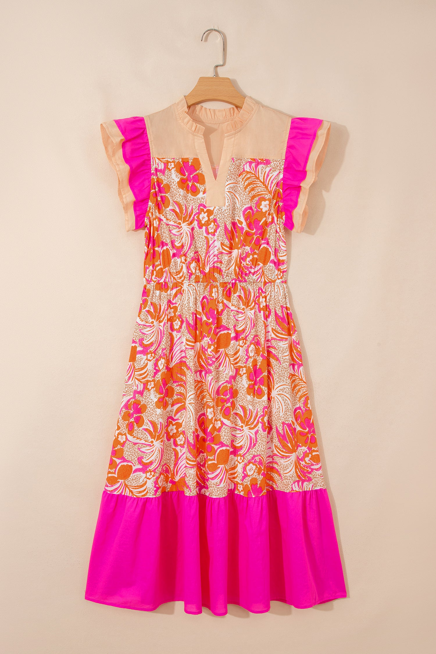 Floral Color-Block Ruffle-Sleeve Flared Midi Dress