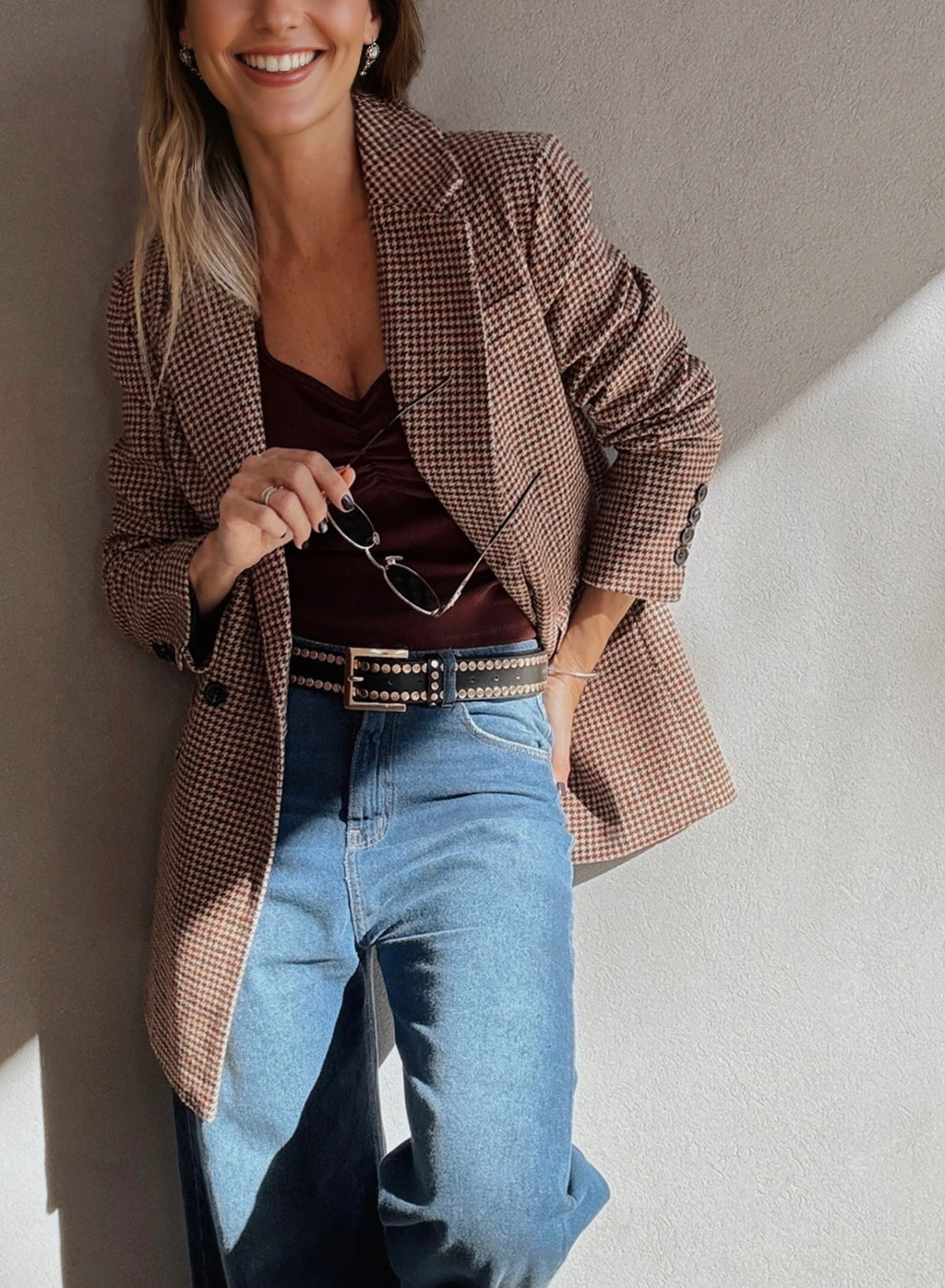 Houndstooth Lapel-Collar Blazer